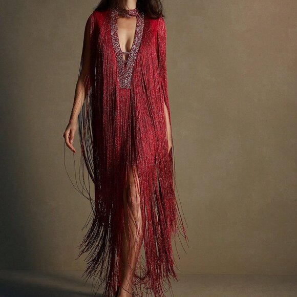 Red Party Women's Bandage Fringe V-Neck Rhinestone Tight-Fitting Dress - Picture 7 of 7